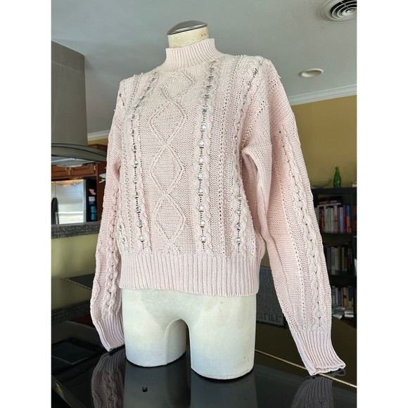 VTG 1980 Blush Ballet Pink Pearl Rhinestone Embellished Cotton Cableknit Sweater - Picture 2 of 12